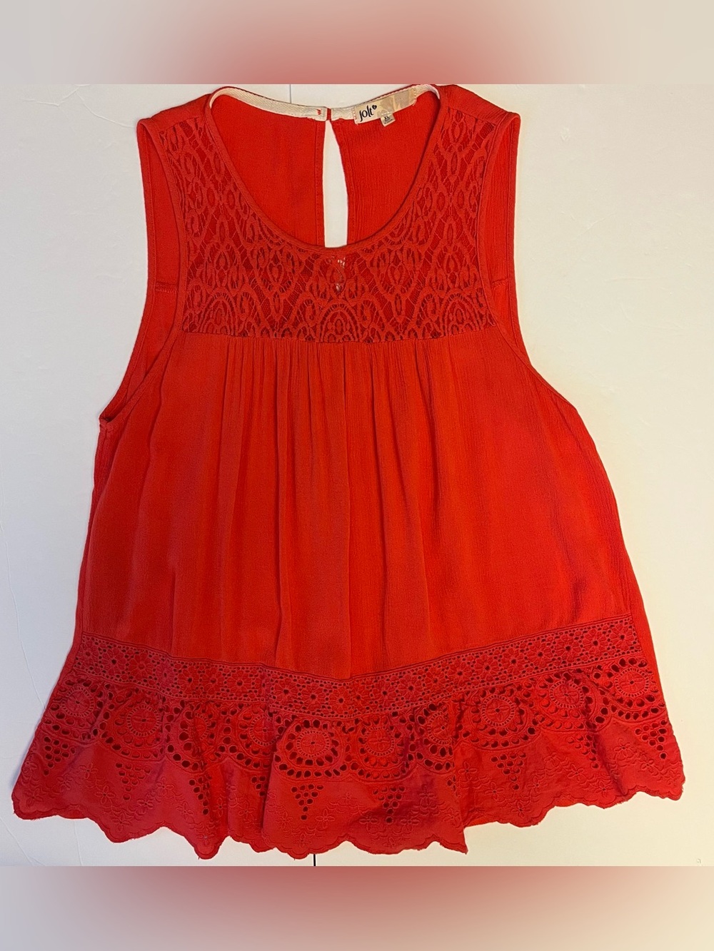 Women’s Top XL Sleeveless Lace Trim Crochet Boho Coral Orange Jolt
